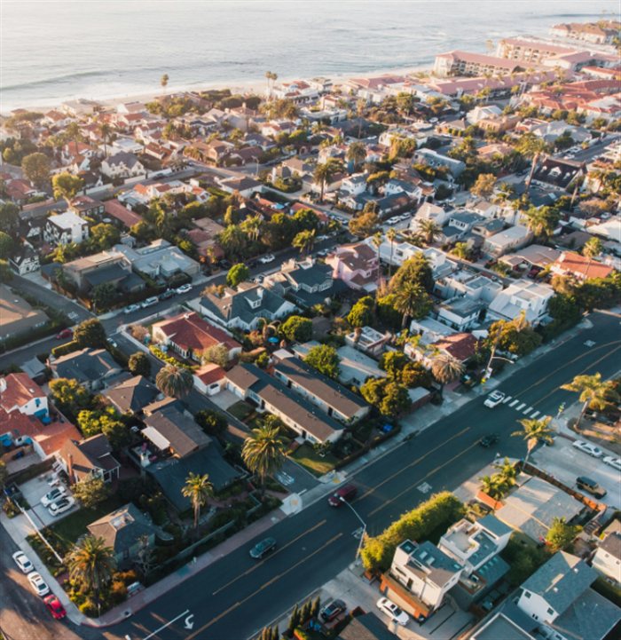 Aerial view of a coastal neighborhood